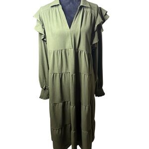 Umgee | Long Sleeve Tiered Olive Maci Dress with Ruffles | Sz L